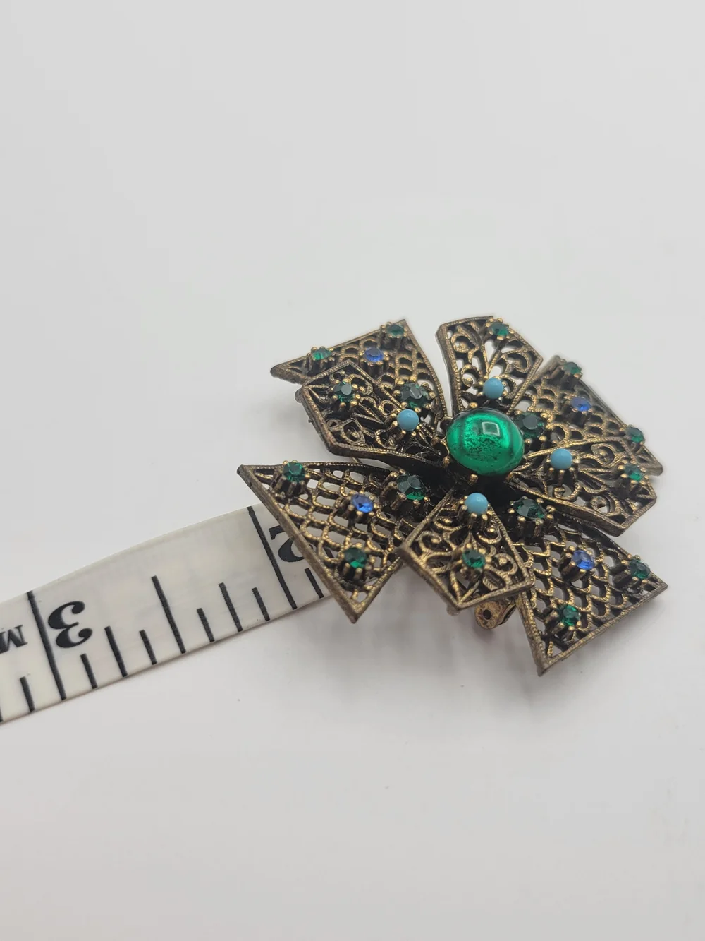 Vintage-Inspired JJ Green and Blue Filigree Cross Brooch